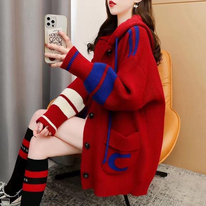 

Lazy Style Hooded Sweater Cardigan Women s Mid Length Korean Version Loose Knit Jacket Winter Clothes Women Sweater XXXL червоний