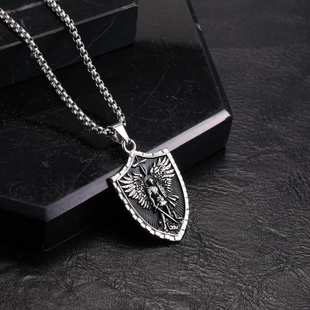 Stainless Steel St. Michael Shield Necklace for Men,Vintage Oxidized Saint Michael Pendant,Catholic Protection Jewelry Gift
