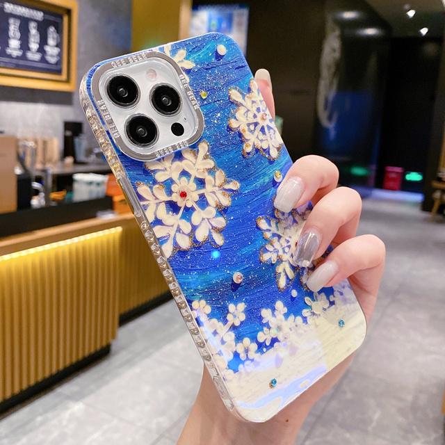 For iPhone 15 Pro Max Fashion Glitter Flowers Luxury Transparent Frame Phone Case For iPhone 11 12 13 14 16Plus Protective Cover