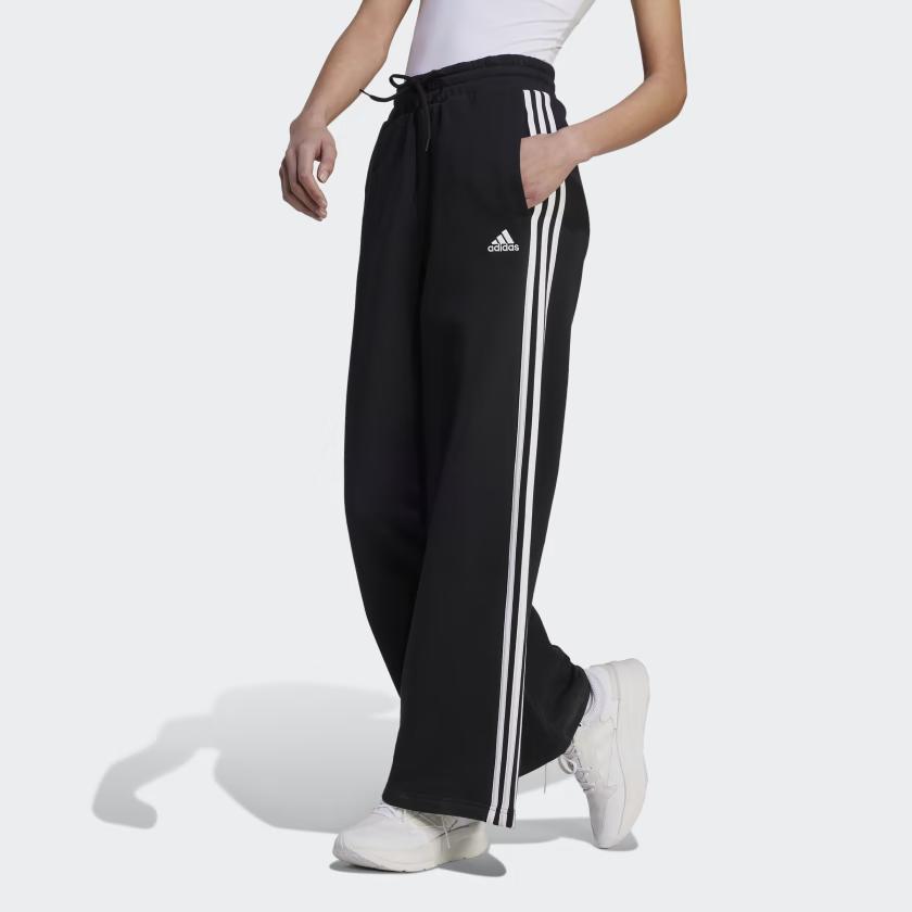 adidas Essentials 3 Stripes French Terry Wide Pants Black White Women's Lifestyle Pants HZ5747