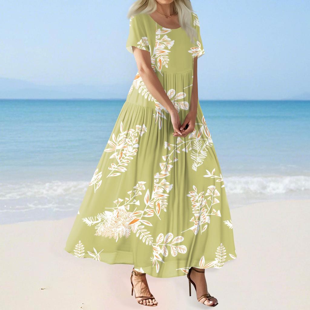 Damen Sommer Casual Blumendruck Kurzarm O-Ausschnitt Hohe Taille A-Linie Stufen Fließendes Boho Maxikleid