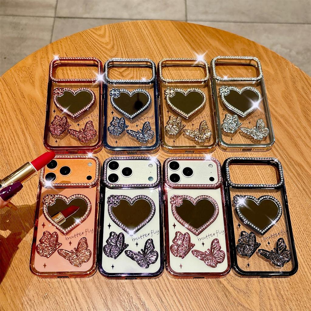 Beautiful Love Mirror Butterfly Shining Protector Colorful Phone Case for iPhone 17 Air 16 15 14 13 12 11 Pro Max Plus Cover