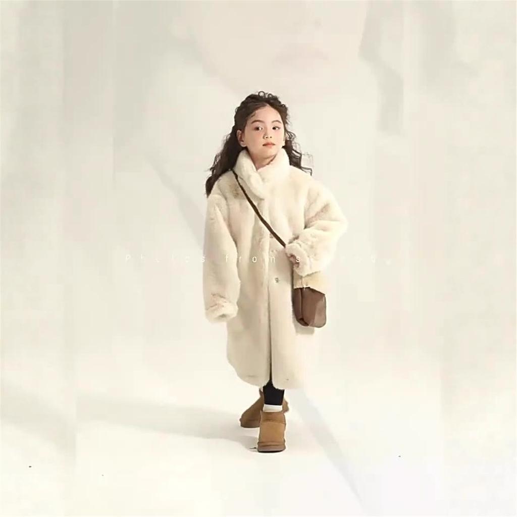 Girls Faux Fur Long Coat Stand Collar Plush Fleece Warm Thick Winter Kids Outerwear Full‑Zip Mid‑Length Fuzzy Overcoat For Little Girl