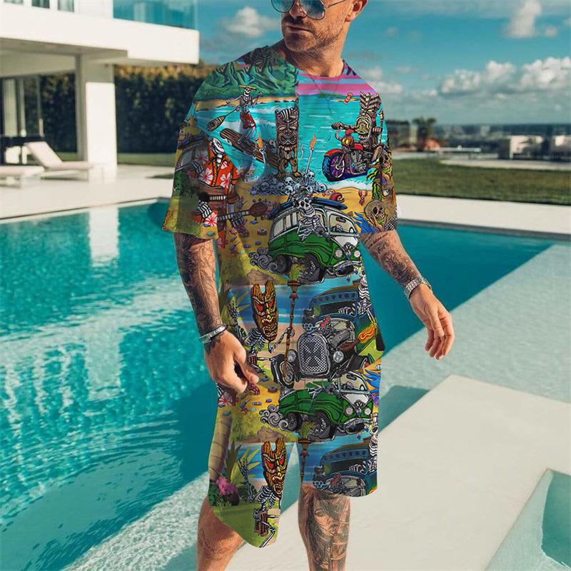 Summer Tribal Printed Men's T-shirt Set Round Neck T-shirts 2 Piece