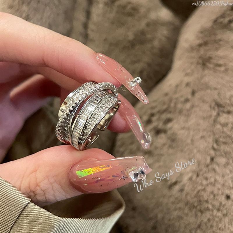 Korea New Fashion Jewelry Exquisite Silver Color Zircon Ring Elegant Women's Opening Adjustable Wedding Gift Luxury Accessory
