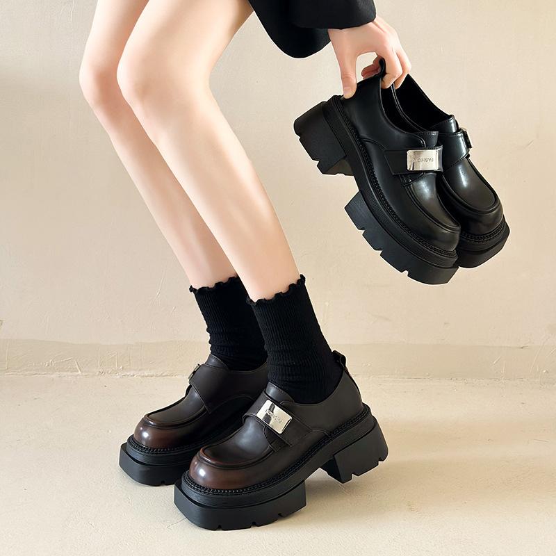 Black French Loafers Women's 2025 Spring and Autumn New Muffin Platform High-heeled Single Shoes British Mary Jane Small Leather Shoes