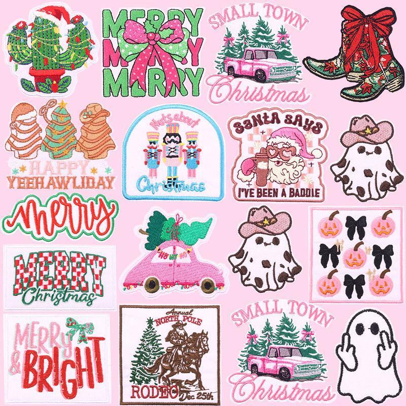 10 Stück Weihnachten Froh Bestickte Aufnäher Weihnachten Weihnachtsmann,Schleife,Baum,Stiefel Aufnäher Zum Aufbügeln Auf Kleidung Buchstaben Abzeichen