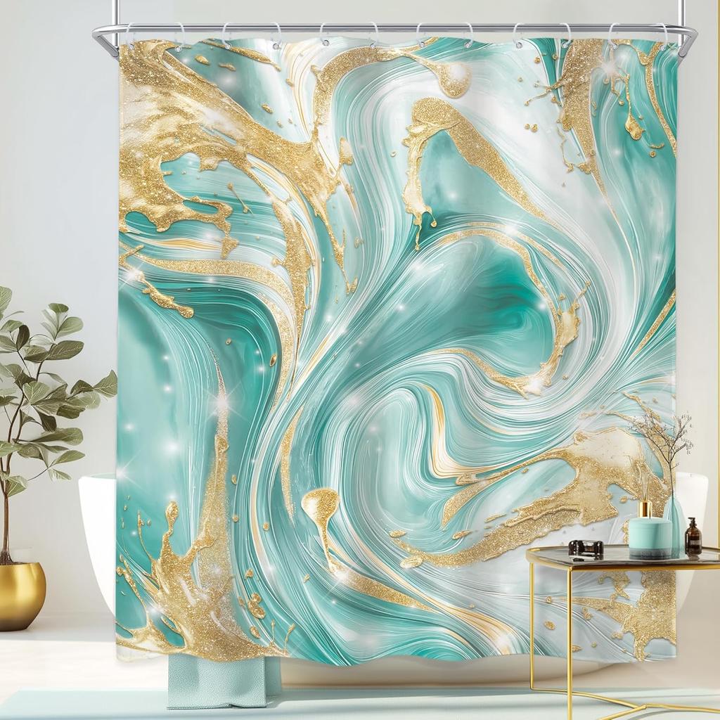Marmor Duschvorhang Petrolblau Gold Ombre Abstrakt Floral Blume Luxus Modern Tintenstruktur Minimalistisches Badezimmerset Elegant Mädchen