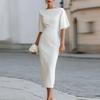 Damen Midi-Kleid Schlanke Passform Taillendesign Elegantes Bateau-Ausschnitt Kurzarm Formelles Kleid für Büro Party Abendgarderobe