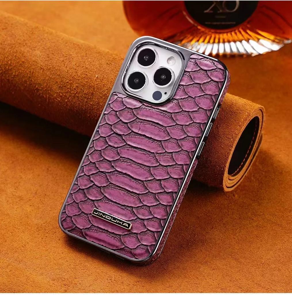 Snakeskin Pattern Leather Case for IPhone 16 Pro Max 17 Air 16 Plus 15 14 13 12 High-end All-inclusive Plating Bumper Hard Cover
