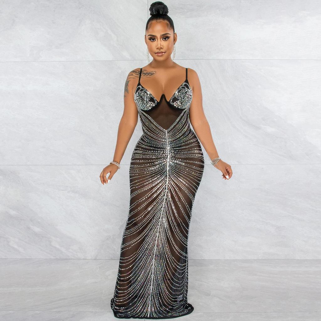 Rhinestone Mesh See-Through Camisole Bustier Long Dress