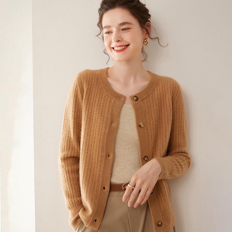 Women's Cashmere Round Neck Cable Knit Button-Up Cardigan - Autumn/Winter 2025 Korean Loose Slimming Style