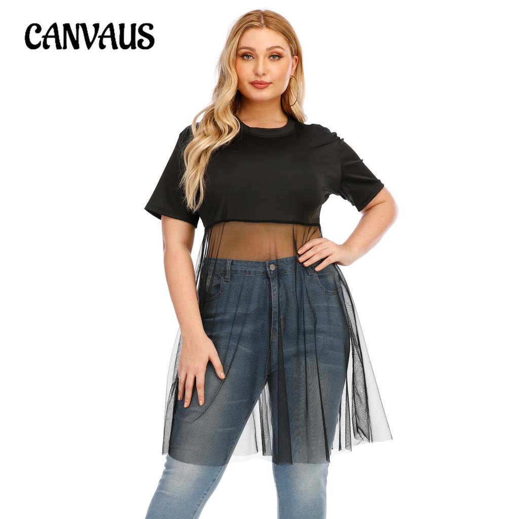 חולצת טריקו לנשים קיץ מידה גדולה סקסית שקופה חיבור רשת צוואר עגול אופנה חולצת טריקו חולצות שרוולים קצרים