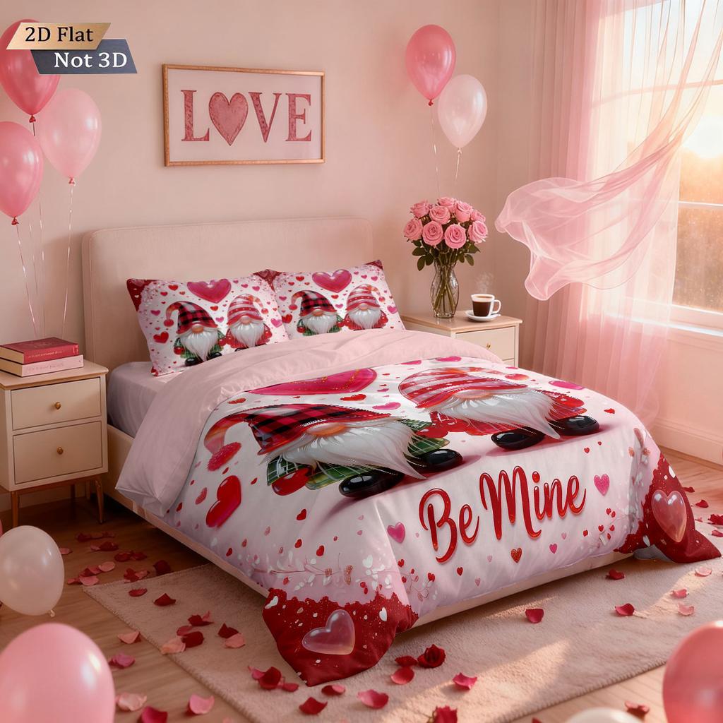 3pcs Valentine's Day romantic pink love goblin print coreless down duvet cover set multi size bedroom bedding holiday decoration