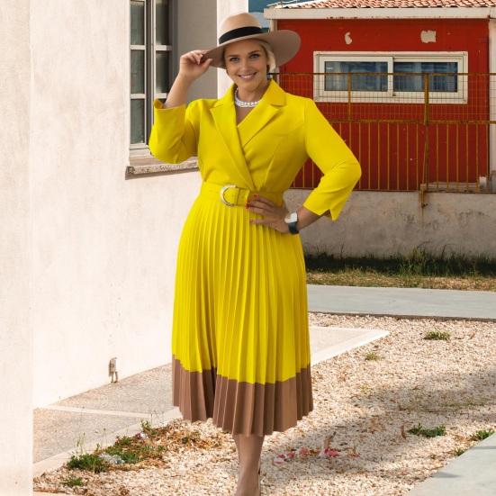 Women's Long Sleeve Blazer Dress V Neck Notched Lapel Pleated Swing Midi Dress Business Office Work Dress with Belt