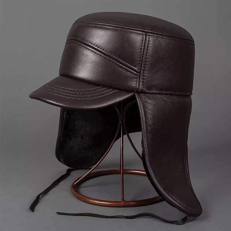Herren Winterhut aus echtem Leder - Verdicktes Rindsleder im Lei-Feng-Stil mit Ohrenschutz für Senioren.
