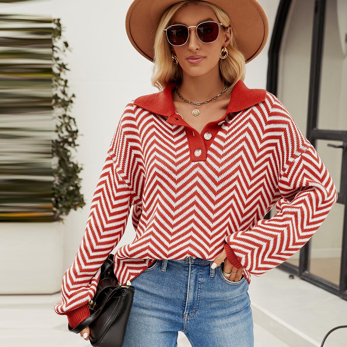 

GMXIA женские модные повседневные полосатые принты осень-зима с длинным рукавом ПОЛО с воротником свободные свитера XL красный