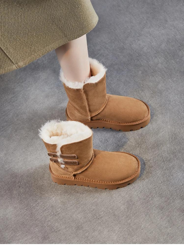Johnature Wool Thick Soled Snow Boots Versatile Cow Suede Thickened Plush Warm Women's Mid-calf Boots