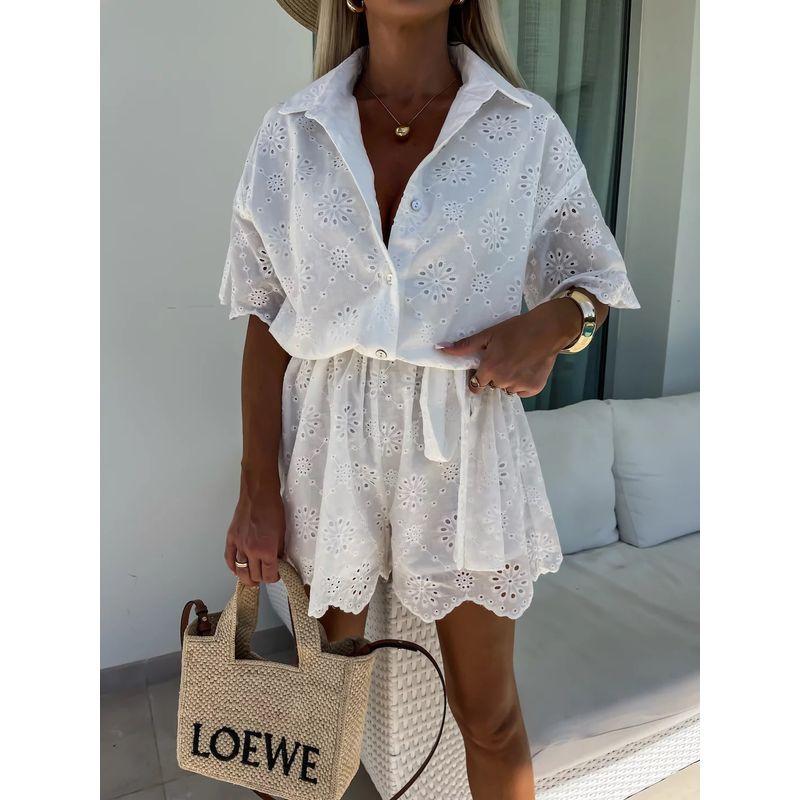 

Collar Lace Shirt Jumpsuit Set Lapel Lace Single-Breasted Shirt Jumpsuit Suit White M