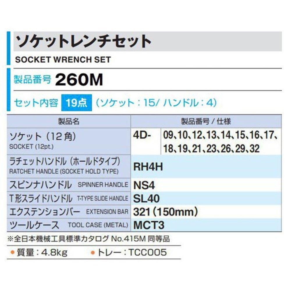 TONE Socket Wrench Includes 19 Pieces Set, 260M, 12.7mm (1/2") Drive, Silver,