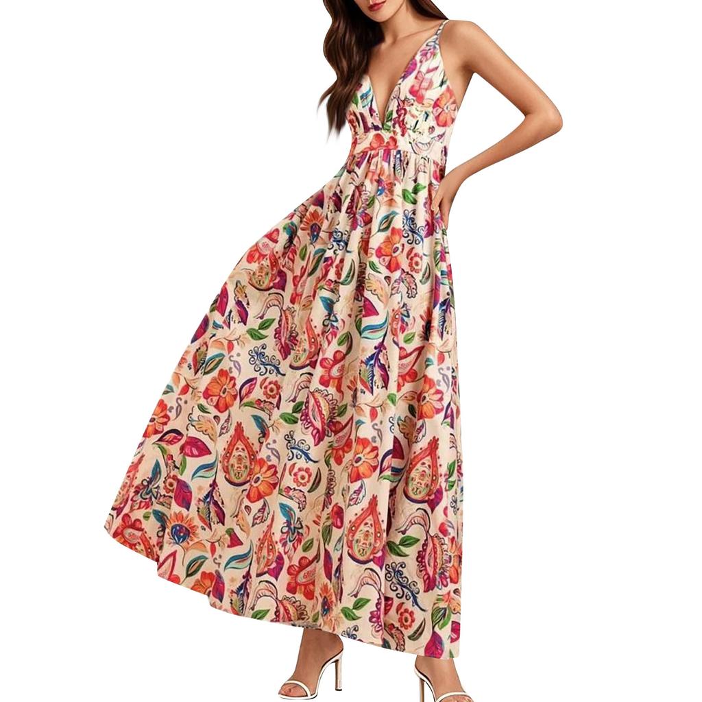 Women's Casual Fashion Vintage Floral Print Suspender Dress Elegant Holiday Dress