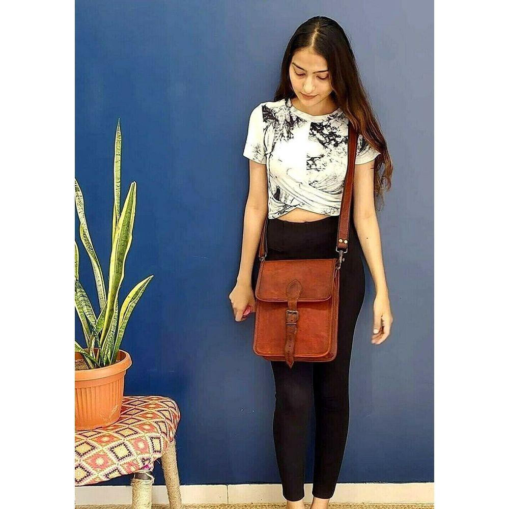 Handmade Goat Leather Crossbody Satchel Bag for Women or Men (Brown)