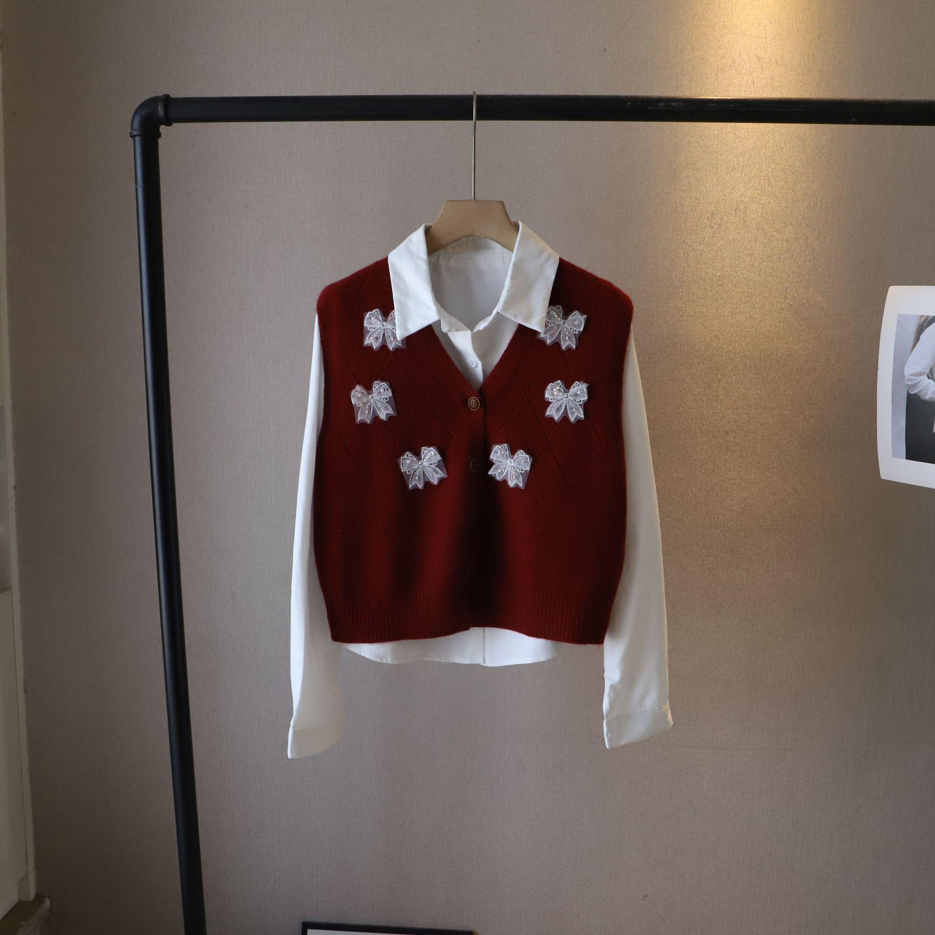 

[Би Чжэн] 2025 Ранняя весна Корейский вязаный жилет с бантом и комплект рубашки с длинным рукавом для женщин One Size красный/белый