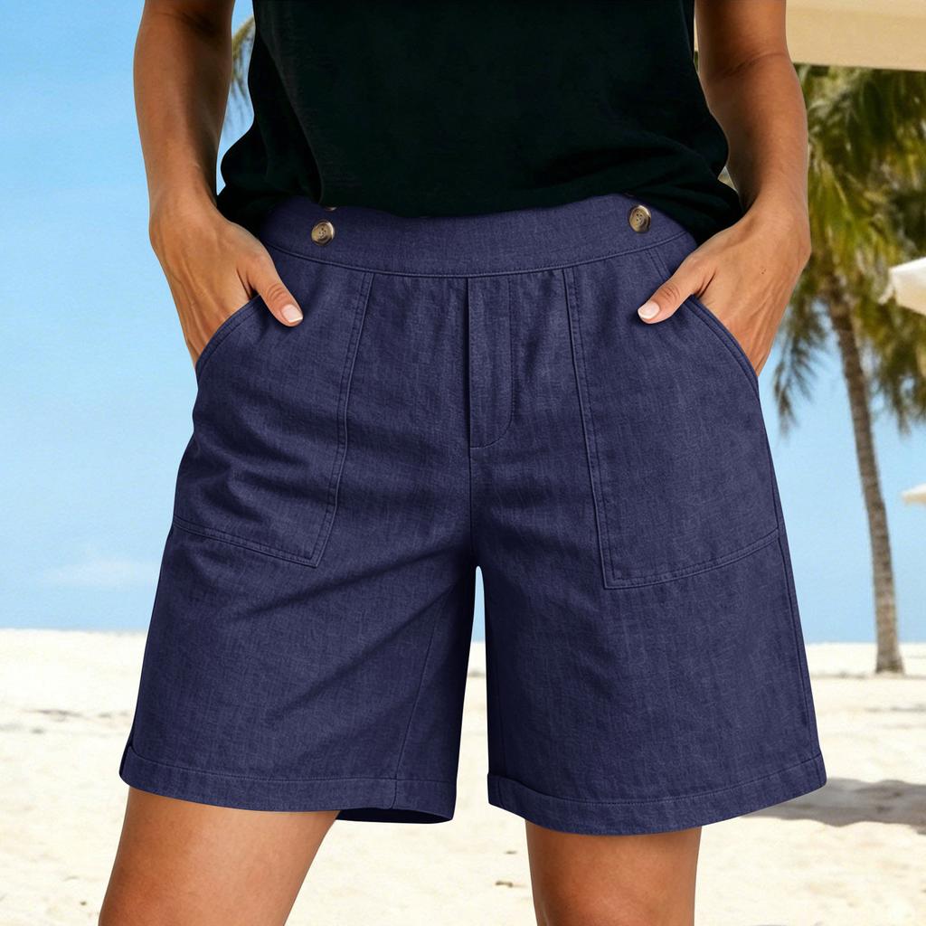 Weiche Shorts aus Baumwollleinen für Damen, Taschen, weicher Knopfverschluss, kein Reißverschluss, schmale Passform