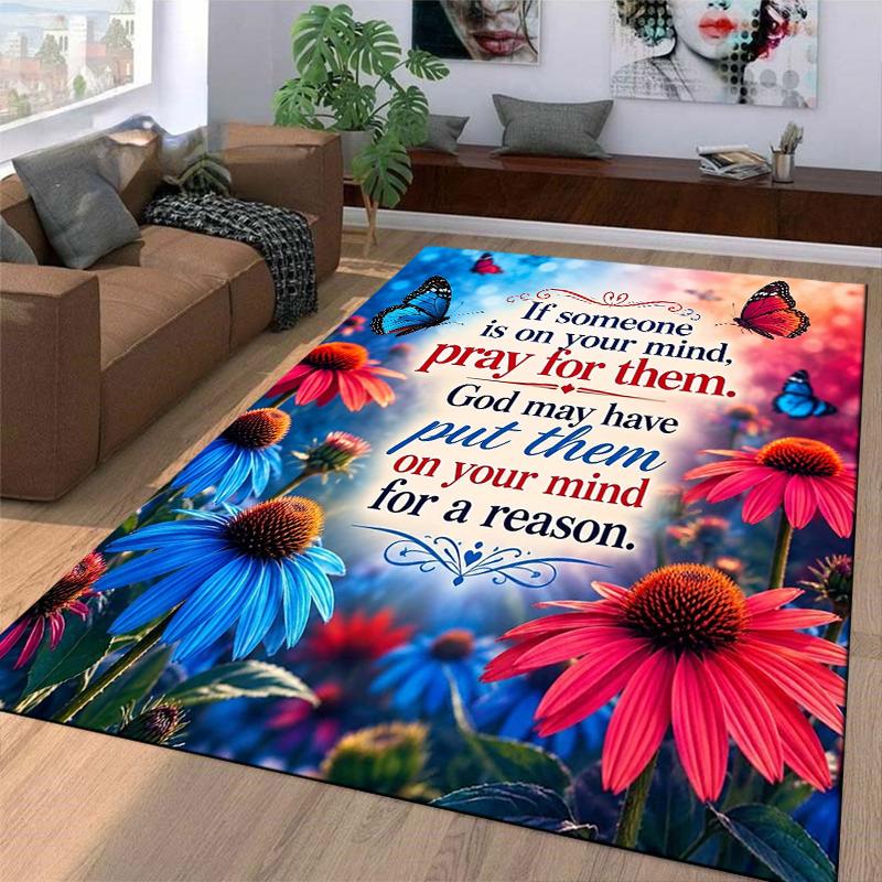 Christian Prayer Quote Floral Carpet Non-slip Rug Suitable for Living Room and Bedroom Sofas