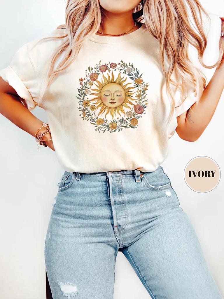 Boho Spiritual Sun Cute Bohemian Comfort TShirt Vintage Women Hippy Floral Outfit Apparel Trendy Y2K Casual Daily Streetwear