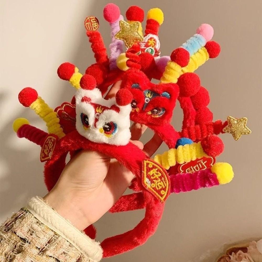 Cute Lion New Year Hair Hoop Embroidered Bow Tassel Red Plush Headband Tang Suit Headwear Ancient Style Hairband Kids