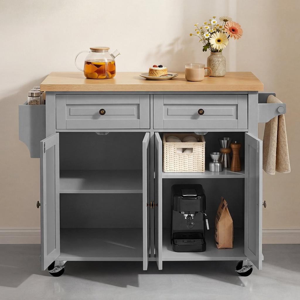 Kitchen Island Cart with Storage, 1110 mm Wide Mobile Rolling Storage Island on Swivel Wheels, with 2 Drawers, Storage Cabinet, Spice/Towel Rack,