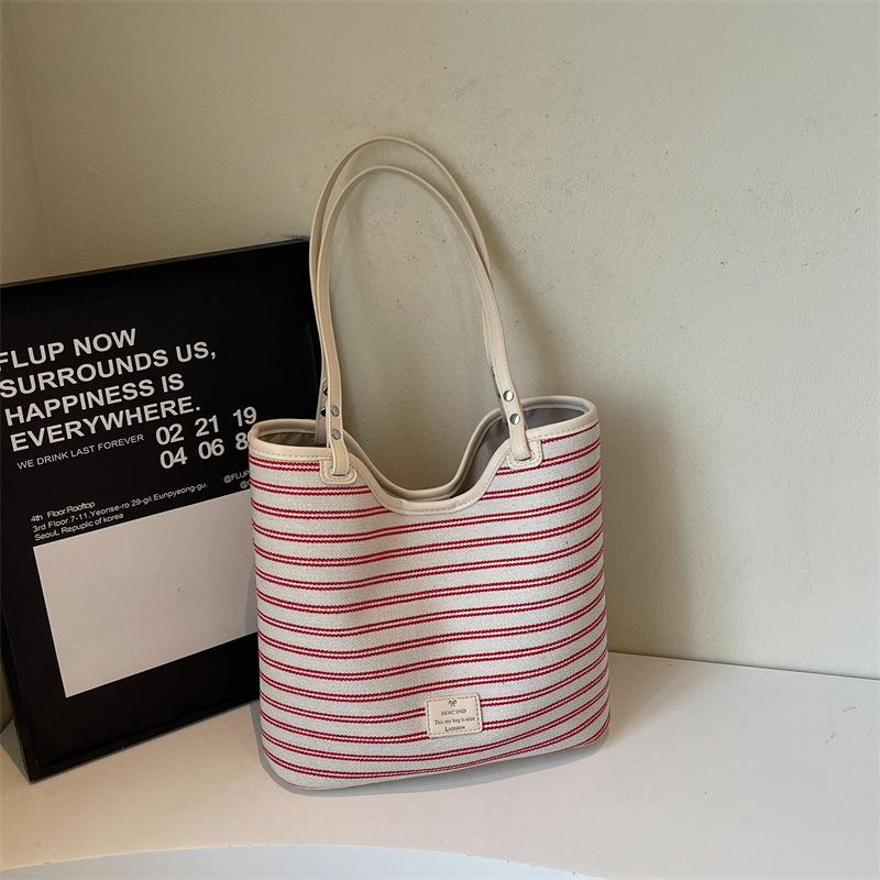 Casual Striped Canvas Bag Ladies 2025 Fashion Casual Simple Shoulder Large Capacity Work Handbag Commuter Bag