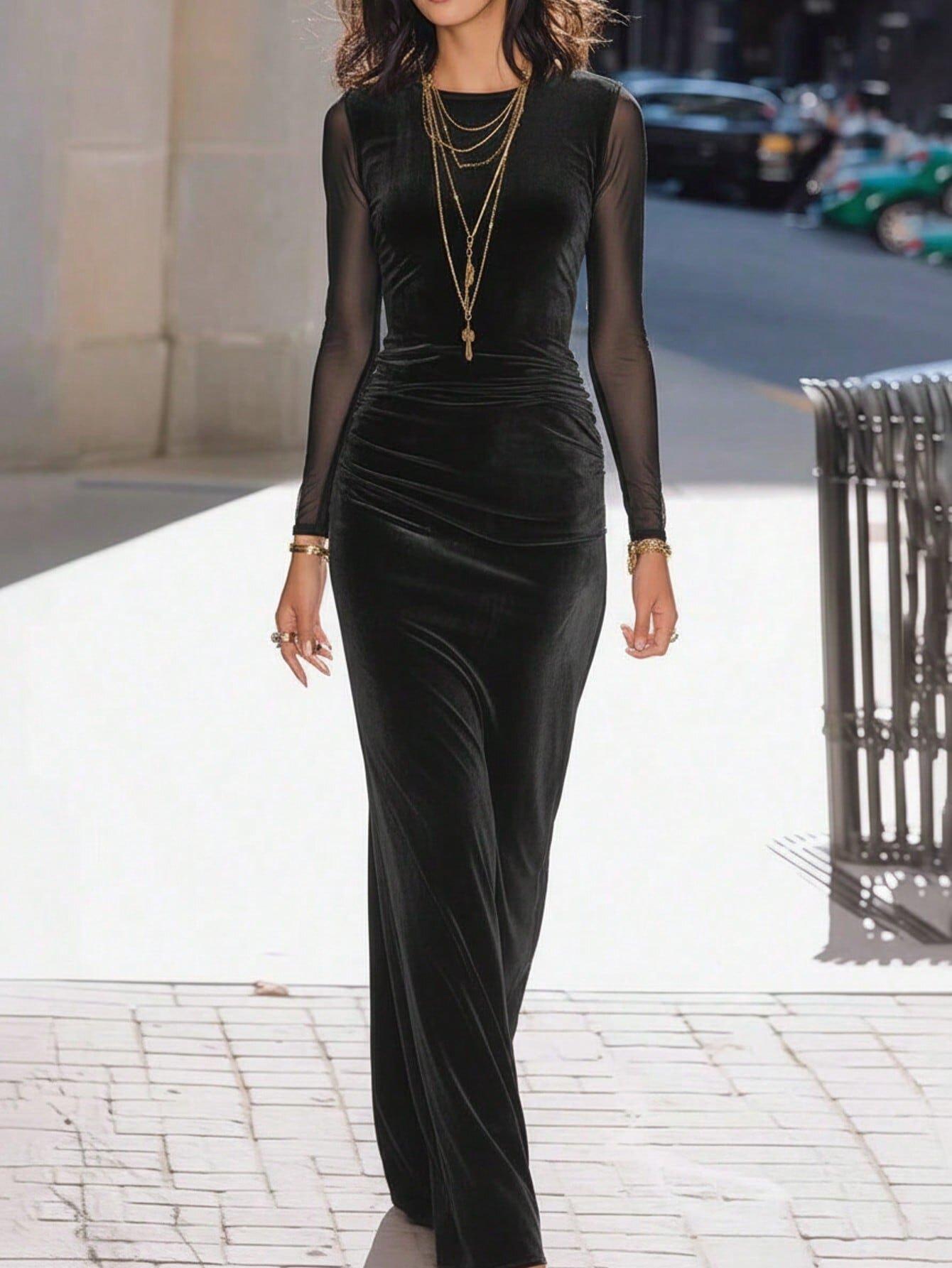 Women s black velvet mesh long-sleeved dress with waist and thin elegant short-sleeved temperament S
