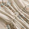 Women V-neck Short-sleeved Waist-hugging Thin Ramie Floral Cotton Linen Dress