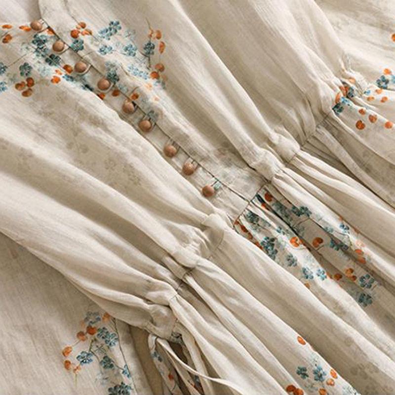 Women V-neck Short-sleeved Waist-hugging Thin Ramie Floral Cotton Linen Dress