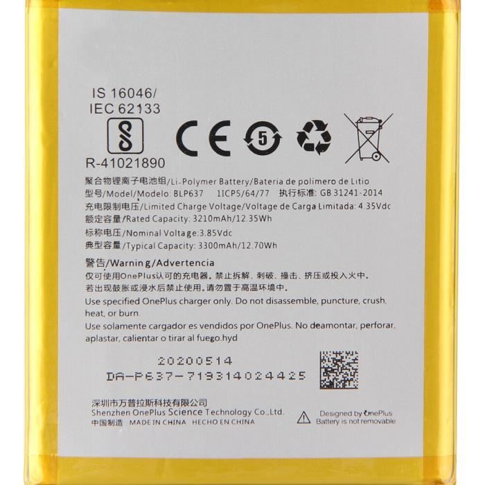 Batterie de remplacement authentique pour OnePlus 5 5T One Plus 1 2 3 6 6T 7T 7 Pro 1 + 7T Pro, BLP745 [E12011F]