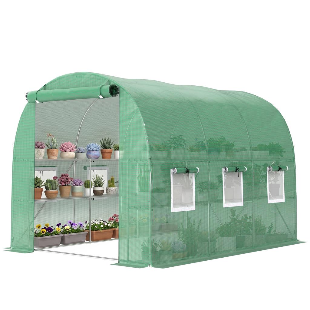 Walk-in Greenhouse with Shelves, Polytunnel Greenhouse with Roll-Up Door, 6 Mesh Windows,198 X 275 X 191 Cm, Green