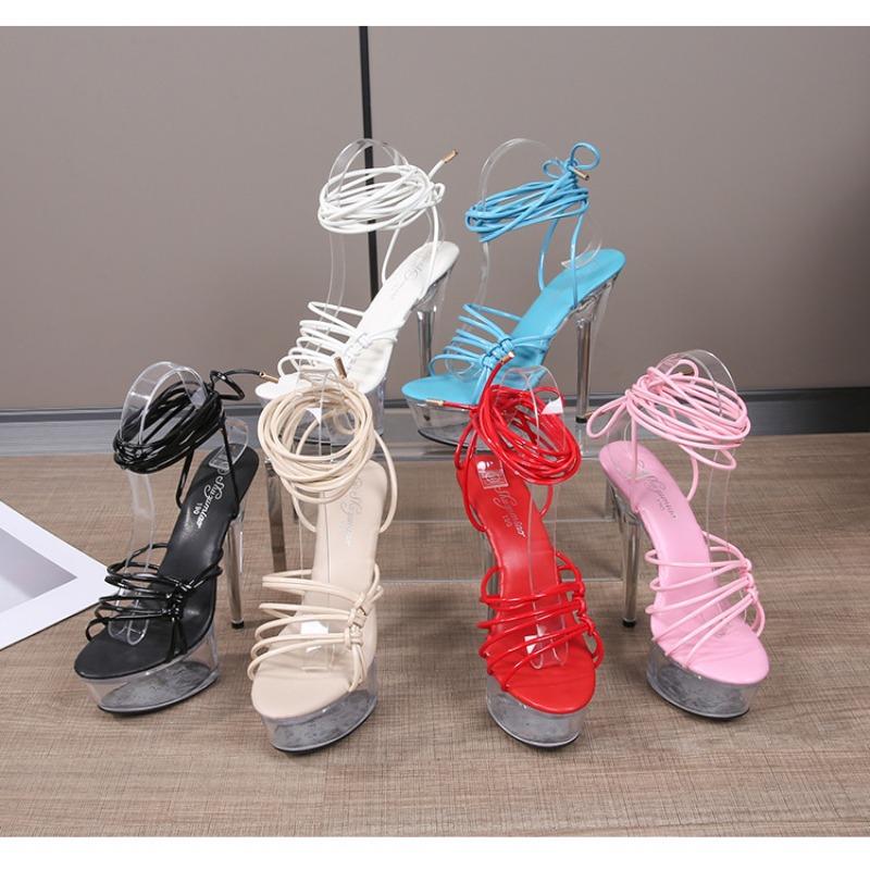 Fashion 15cm Crisscross Ankle Strap Stiletto Heels Waterproof Platform Slip-Resistant Thick Sole Dance Catwalk Women High Heel Sandals