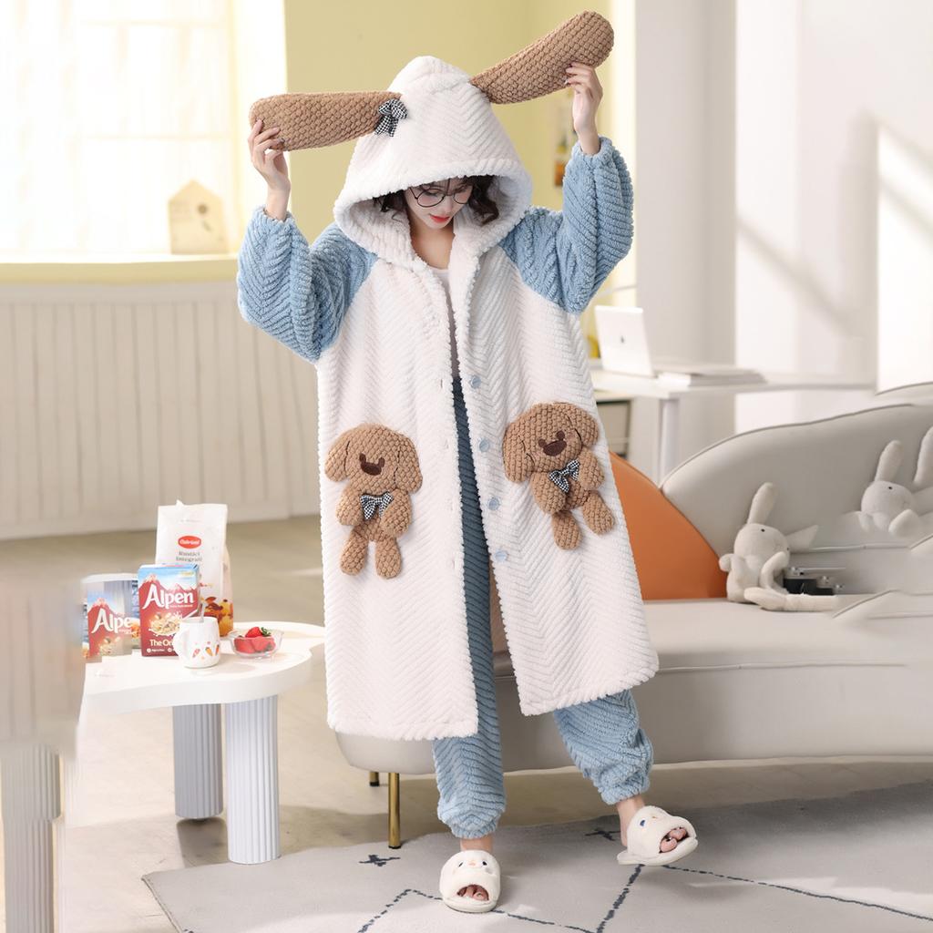 Winter Hooded Long-sleeved Pajamas and Pants Warm Flannel Pajamas Set for Women Cute Cartoon Doll Bear Role-playing Bathrobe