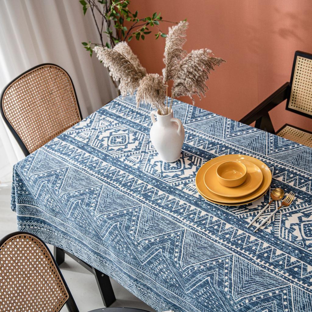 Tablecloth Blue Geometric Triangle Print Blog Cotton and Linen Rectangular Dining Table Cloth Coffee Table Cover