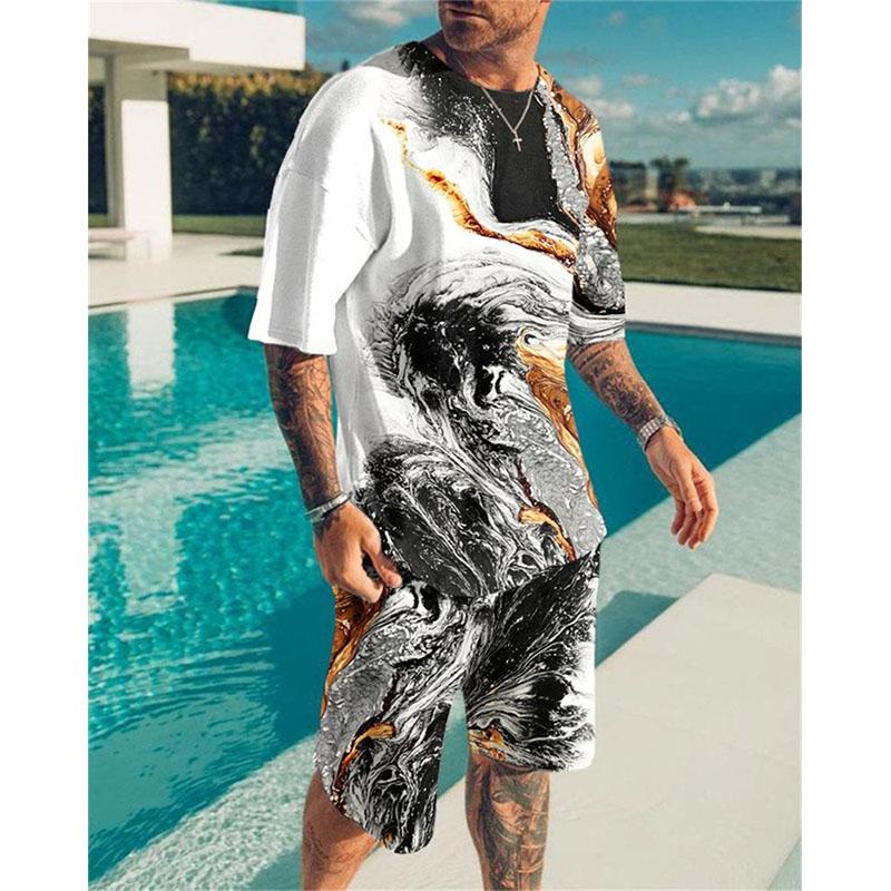 Men's Summer Suit Line Print Simple Sport Splicing Trend T-shirt Loose Casual Suit Short Sleeve Shorts Men's Summer Suit