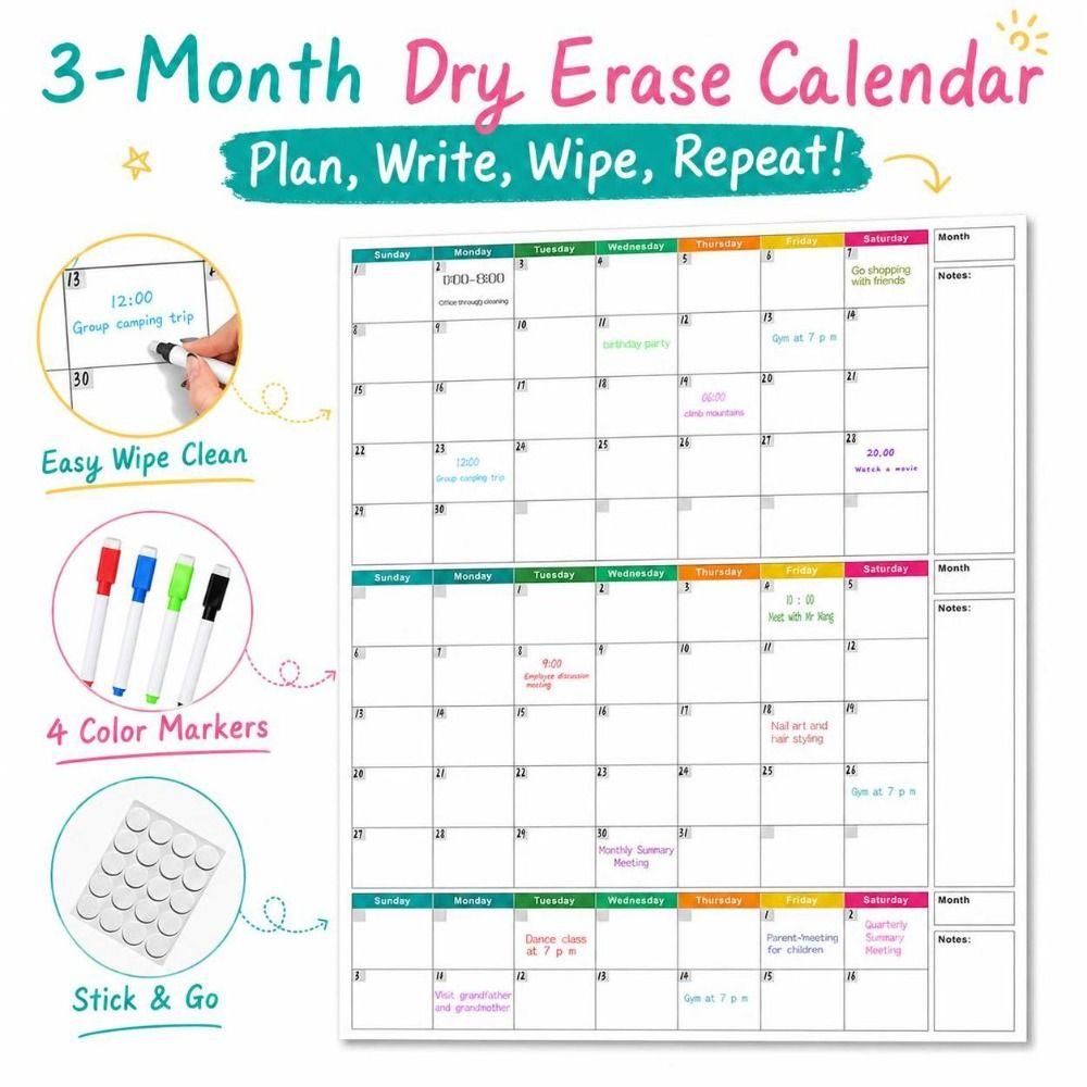 Dry Erase 3 Months Calendar Large Size Schedule Planning Table Hot Wall Calendar  Family Planning