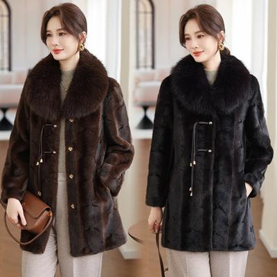 Women's Mink Velvet Leather Jacket Women's Winter Warm Fur Integrated Medium and Long with Fur Collar Thin Jacket