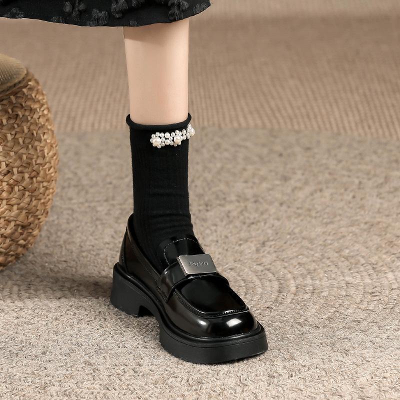 Spot~ 2025 new round head metal buckle thick sole one pedal lazy loafers women's British small leather shoes women's