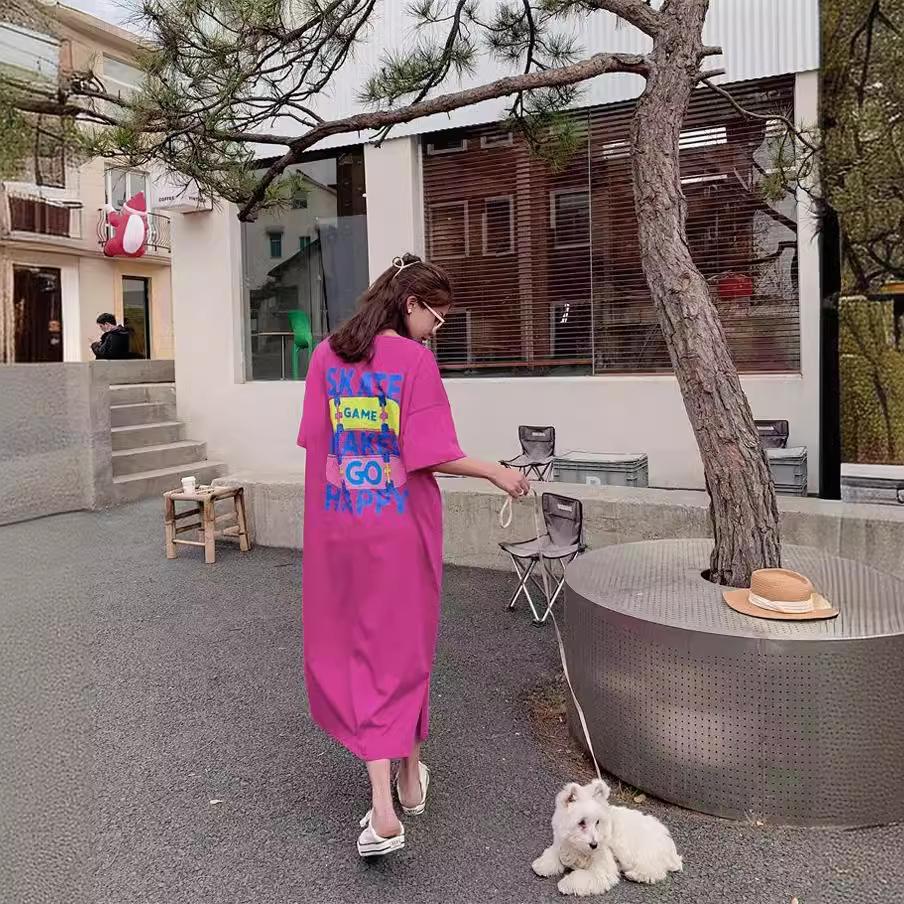 Fat mm summer clothes new lazy long short sleeves loose knee large size dress 100kg long skirt T-shirt skirt