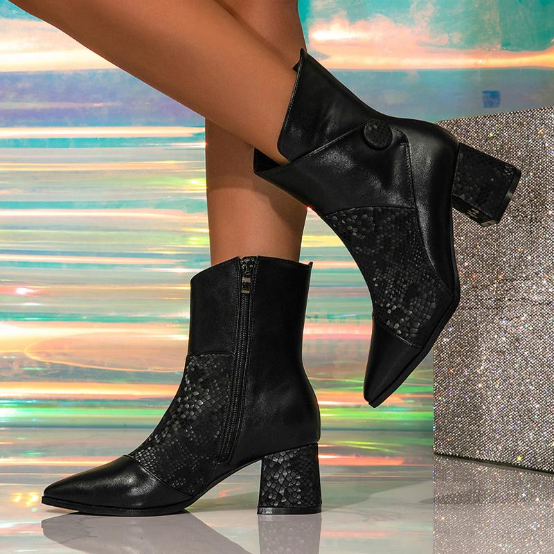 Fashion Liyke Fashion Zip Button Ankle Boots Women Black Leather Pointed Toe Sequined Square High Heels Party Prom Chelsea Shoes Szie 42