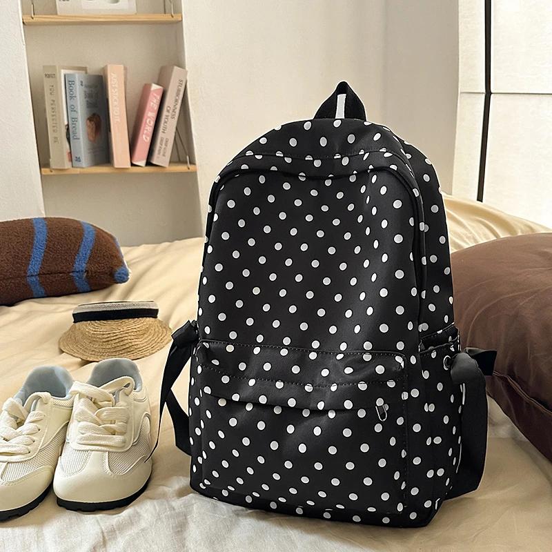 New Casual Popularity Dots Nyl Large Capacity Backpacks 2026 High Quality Cute Bow Fresh Retro Portable School Bags for Women
