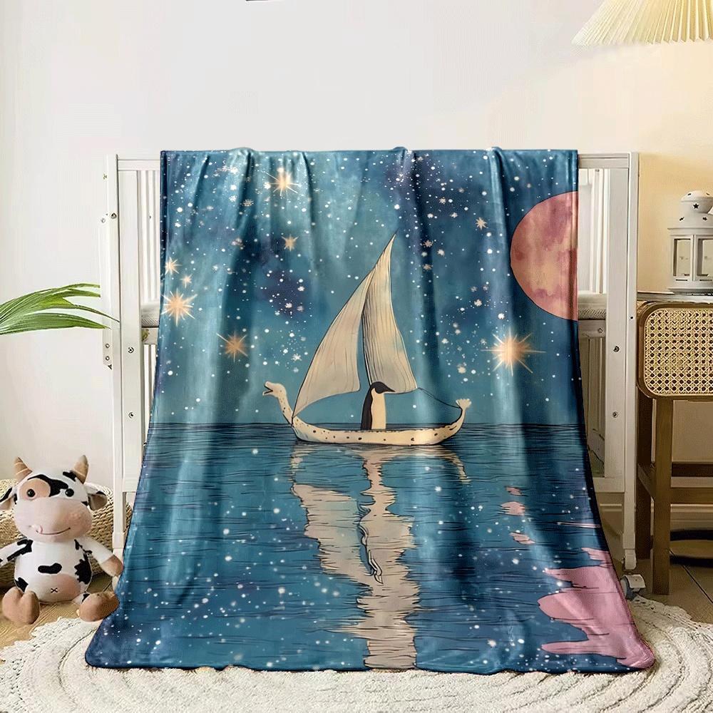 A penguin on a boat sailing beneath a starry sky and full moon. for all seasons blanket lunch break throw gift 80cm x 120cm