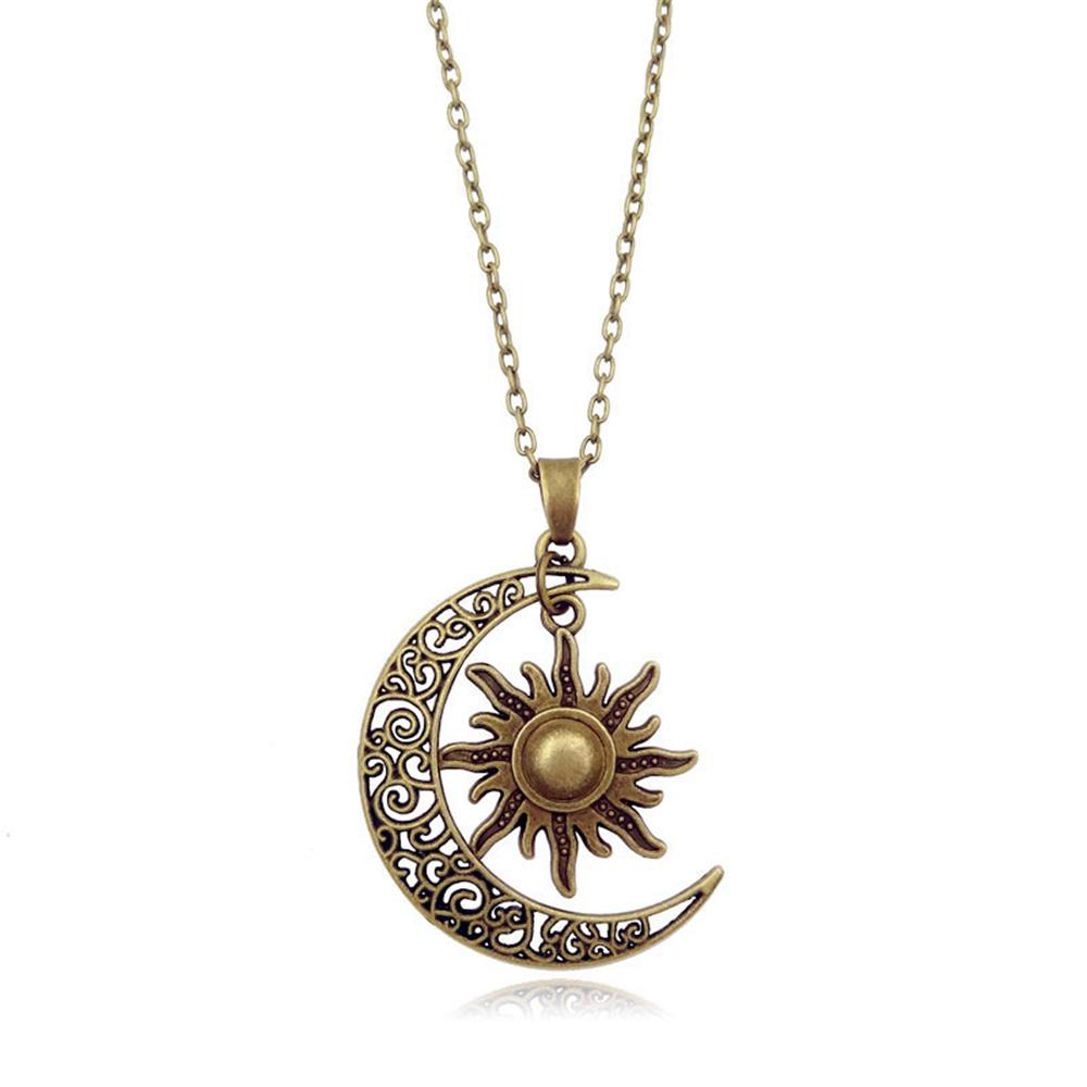 Retro Bronze Crescent And Sun Pendant Necklace Retro Whirlpool Gold And Silver Silk Unisex Jewelry Gift